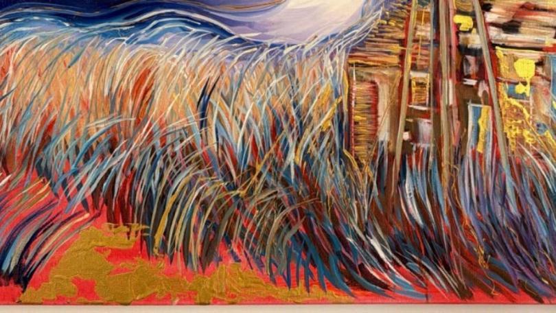 Painting of a barn in a colourful field