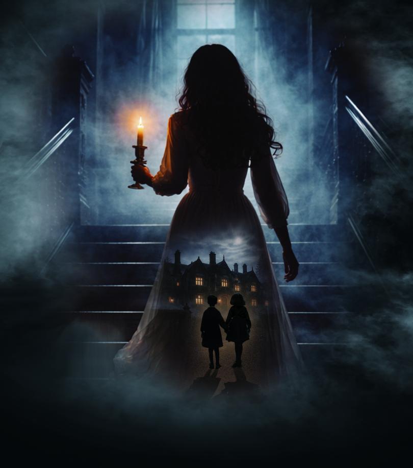 A haunting image of a woman holding a candle as she ascends a shadowy staircase. Mist surrounds her while the silhouette of a country house and two children appear within her flowing dress, creating an eerie sense of mystery and psychological suspense.