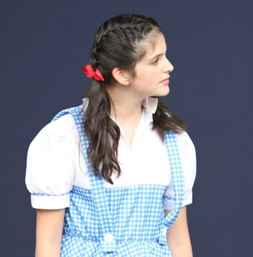 A girl in a blue and white gingham dress looking to her left. 