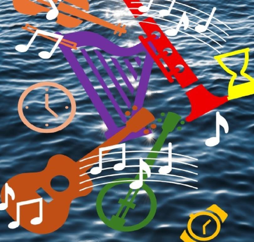 Image of shapes of musical instruments and musical notation, together with symbols about time (an hourglass and a watch). The background is an image of rippling water on the sea.