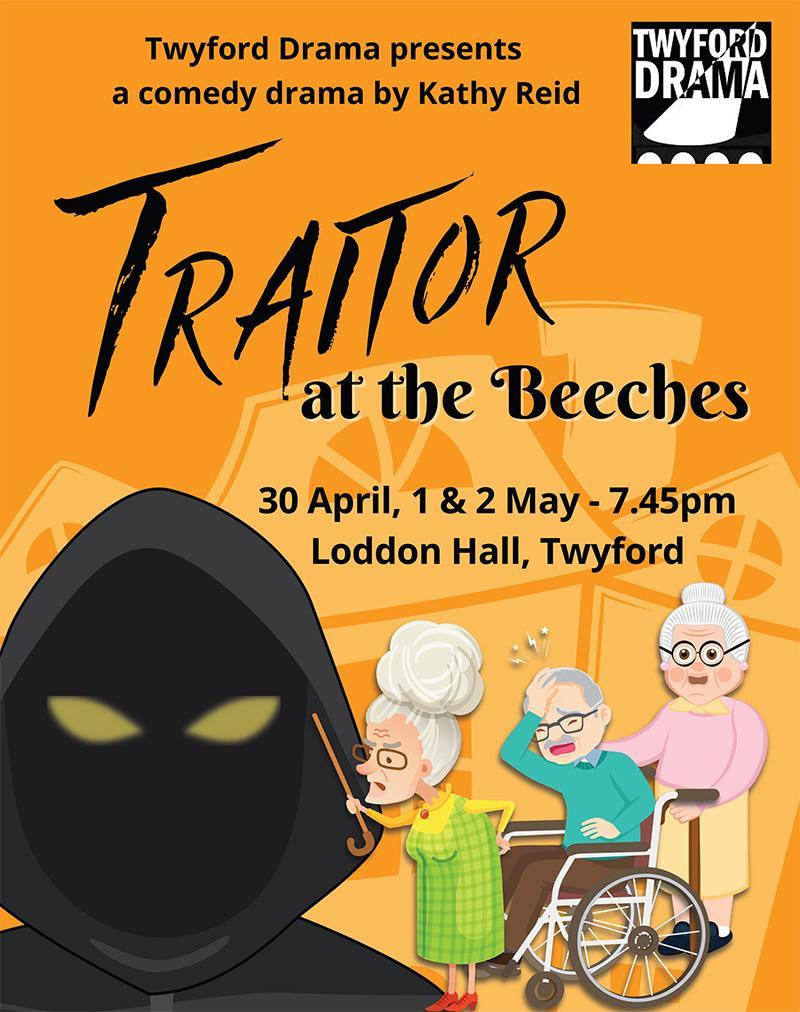 Poster for Traitor At The Beeches featuring cartoon images of old men and women, and a hooded figure with glowing eyes