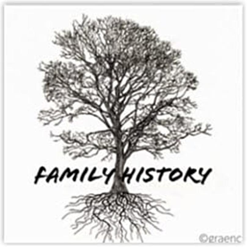 Black and white image of a tree with a title 'family history'