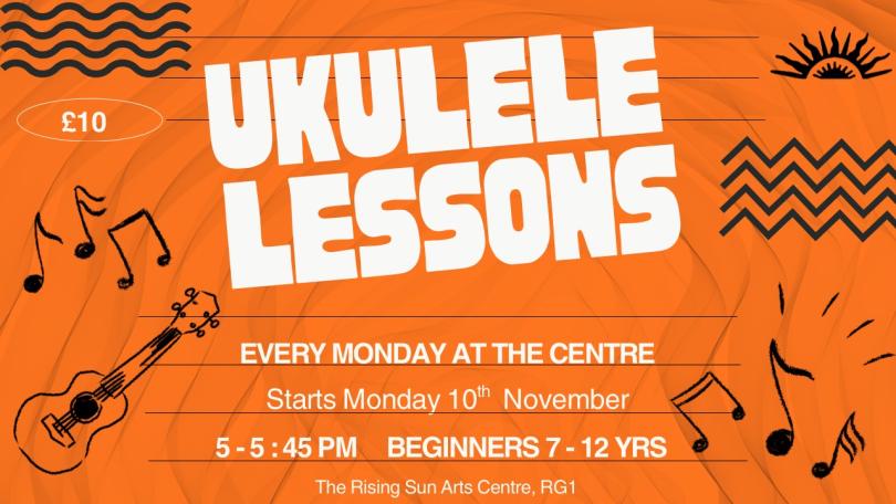 Ukulele Lessons poster with artwork of ukuleles and musical notes