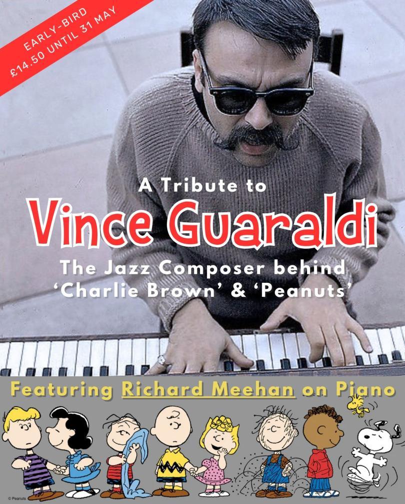 Photo of Vince Guaraldi at the piano, with images of the characters from Peanuts below