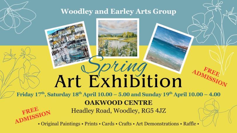 Poster for Woodley & Earley Spring Art Exhibition with examples of artwork and details of the event