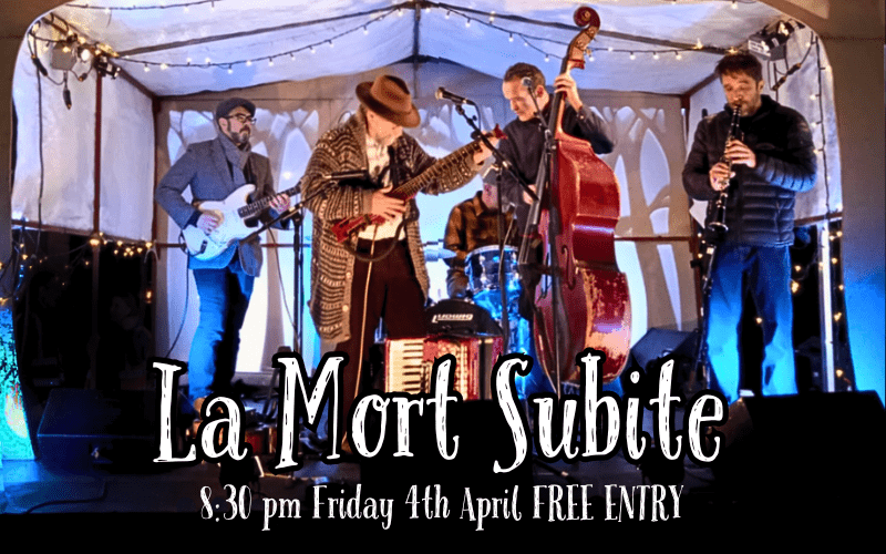 Conjuring images of a smoky worker’s bar in Paris, a wild night-time gathering around a gypsy campfire, a drunken hungarian wedding party in the small hours and a Greek taverna on a hot summer’s evening.  FREE ENTRY / 18+ ID Required  La Mort Subite takes its name from the eponymous café in Brussels. Featuring guitars, saxophone, clarinet, accordion, double bass, percussion, tambura, and even a hurdy-gurdy, they weave a riveting Eastern European / Arabic dance show.