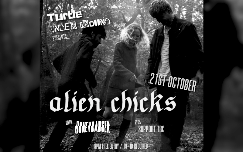 Turtle Underground Presents...  Alien Chicks - experimental post-punk power trio from Brixton. Their songs are a twisted fairy tale of modern Britain- a surreal social commentary packed with punchy rhythms, eclectic time signatures and nostalgic harmonies.  Support from Honeybadger Brighton based three piece garage punk band Honeybadger : heavy guitar riffs, melodic solos and gritty grungy vocals!  SUPPORT TBC  7.30pm FREE ENTRY / 18+ ID Required