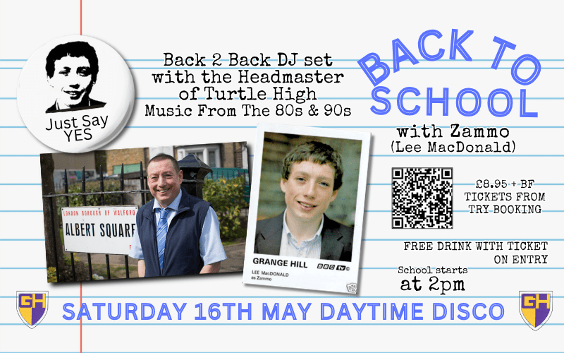 CLASS IS IN SESSION: ZAMMO’S BACK TO SCHOOL DISCO!  SATURDAY DAYTIME 16th May 2pm to 8pm  Dust off your blazers and tighten those ties! We’re heading back to the playground for the ultimate 80s & 90s throwback.  Joining us behind the decks is none other than Grange Hill legend Lee MacDonald (aka ZAMMO!)  He’ll be spinning the biggest floor-fillers from the golden era of school discos.  Whether you were a high-flyer or a regular in detention, this is the reunion you actually want to attend.  FREE DRINK ON EN