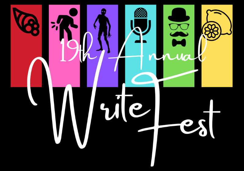 Multicoloured blocks on a black background with the text 19th Annual WriteFest overlayed