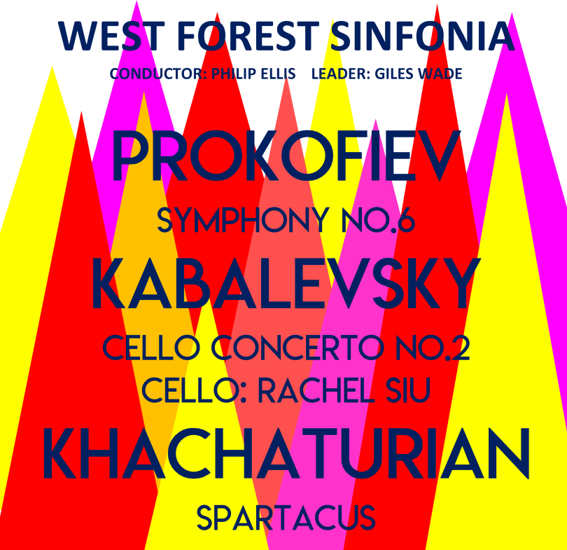 Poster for West Forest Sinfonia Autumn Concert 2025 with details of the pieces being performed in front of some brightly-coloured triangles
