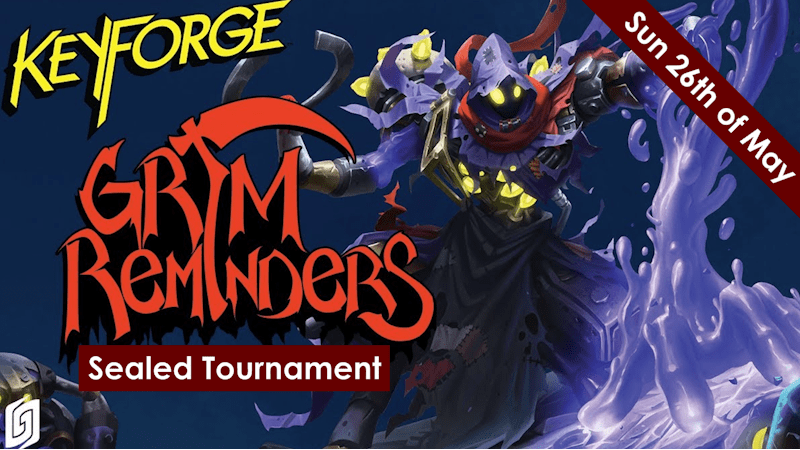 keyforge grim reminders logo with background graphic