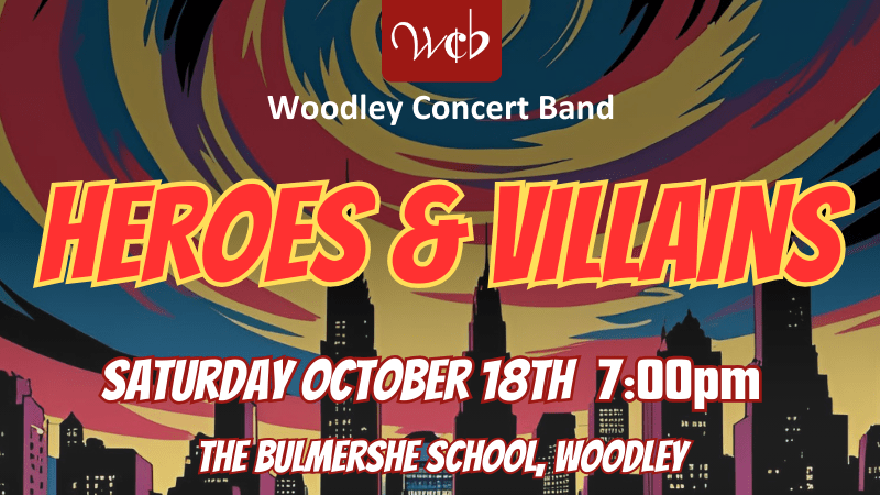 Heroes and Villains Concert Banner with stylised text and comic-book style cityscape