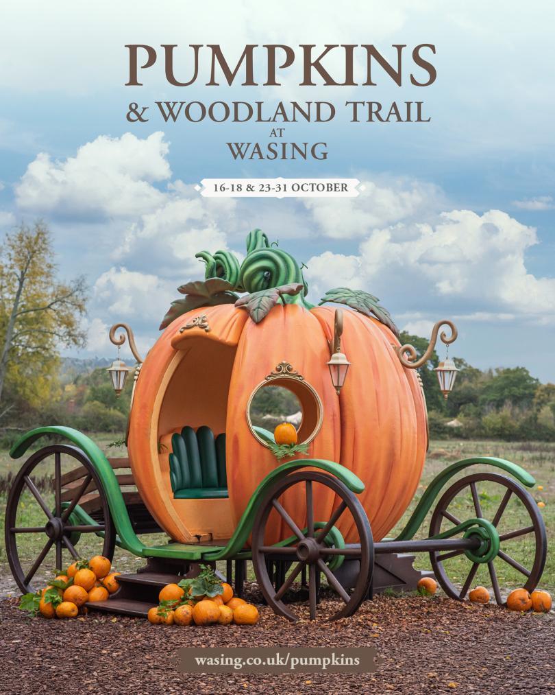 Poster for Pick Your Own Pumpkins and Woodland Trail 2026 with a photo of a carriage that looks like a pumpkin