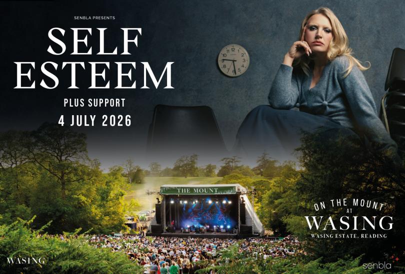 Poster featuring an image of singer Self Esteem floating above the Wasing stage