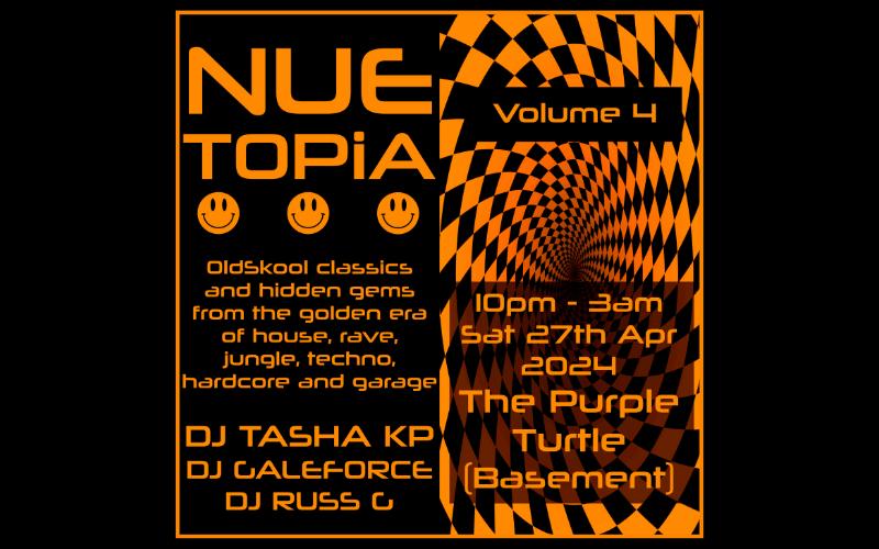 NUETOPIA Volume 4 Old Skool Classics from the golden era of house, ravejungle, techno, harcore and garage...  FREE ENTRY / 18+ ID Required