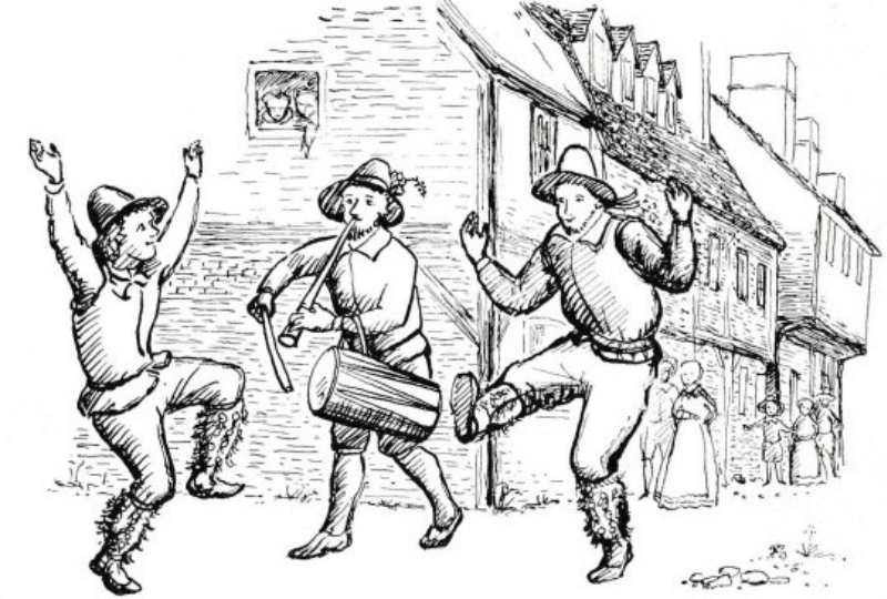 black and white drawing of tudor men dancing
