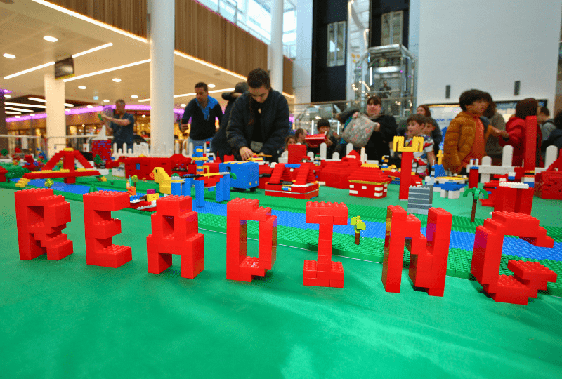 'Reading' spelled out in Lego bricks