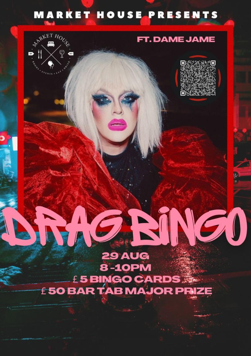 photo of drag queen dame jane wearing a red jacket, with information about the event surrounding her 