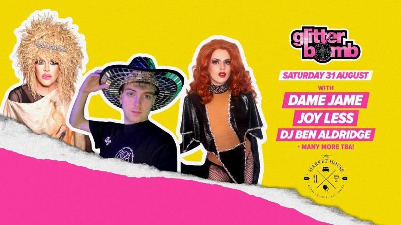 Photos of Drag artists Dame jane and Joy Less with DJ Ben Aldridge on a yellow and pink background