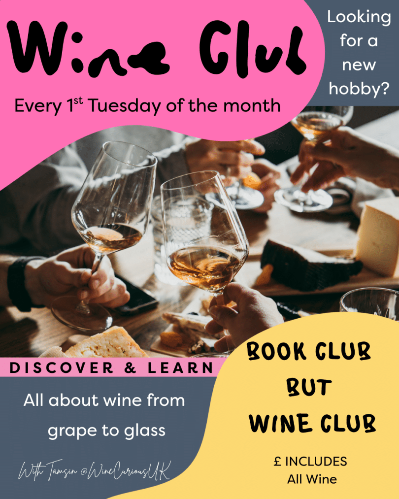 A colourful image of wine glasses clinking with information about the wine club
