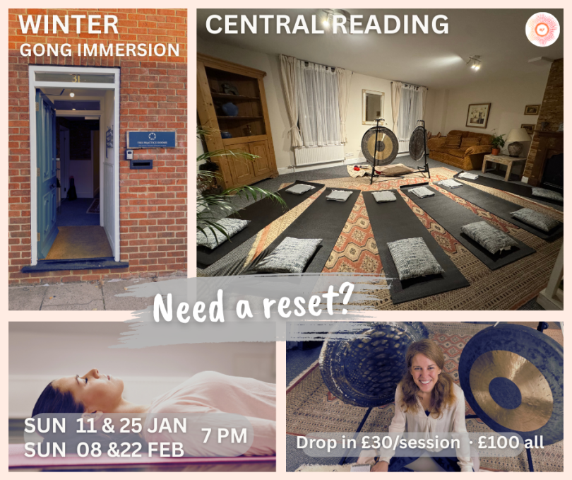 Image shows the venue entrance, room mat and instrument set up, relaxed participant and Dr. Rebeca with the gongs