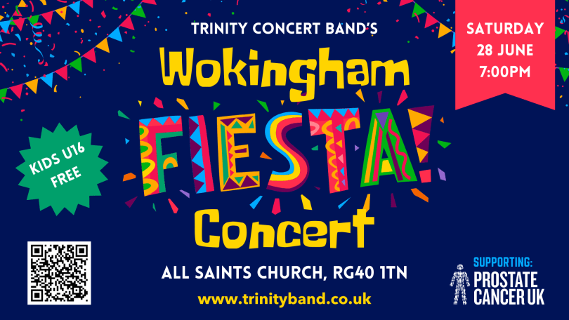 Title Wokingham Fiesta Concert in colourful Mexican Fiesta style text. Advertising the concert with date Saturday 28th June in the top right corner, 'All Saints Church Wokingham' under the title, and the website centred at the bottom www.trinityband.co.uk