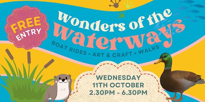 A brughtly coloured banner titled Wonders of the Waterways with an otter and a duck