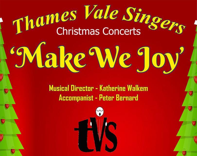 Poster for 'Make We Joy' Christmas Concert with green Christmas trees against a red background
