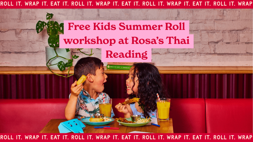 photo of 2 children eating food with the caption 'Free Kids Summer Roll Workshop at Rosa's Thai Reading'