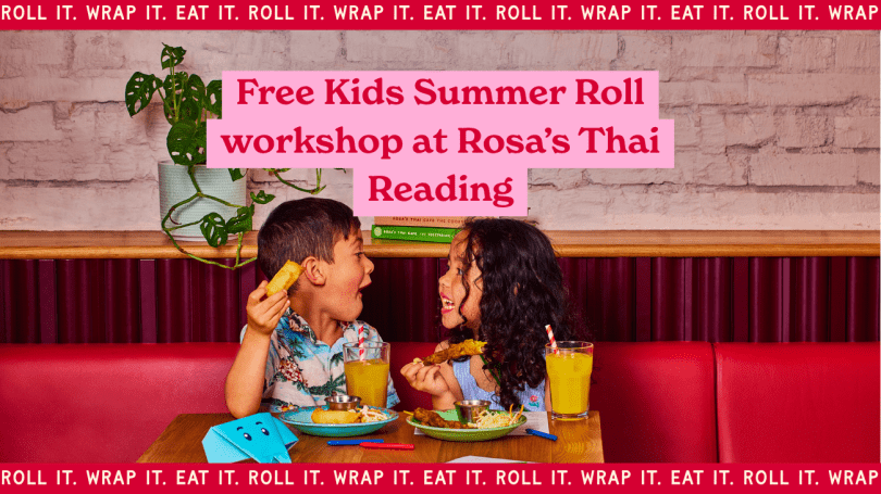 photo of 2 children eating food with the caption 'Free Kids Summer Roll Workshop at Rosa's Thai Reading'
