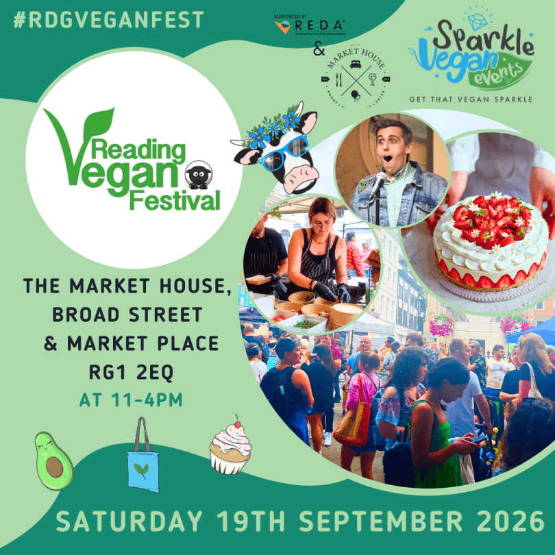 Green poster for Reading Vegan Festival, at Market House and Market Place, featuring stalls, food, and community.