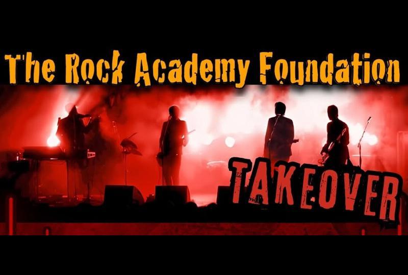 The Rock Academy Foundation logo over a silhouetted image of a young band on stage
