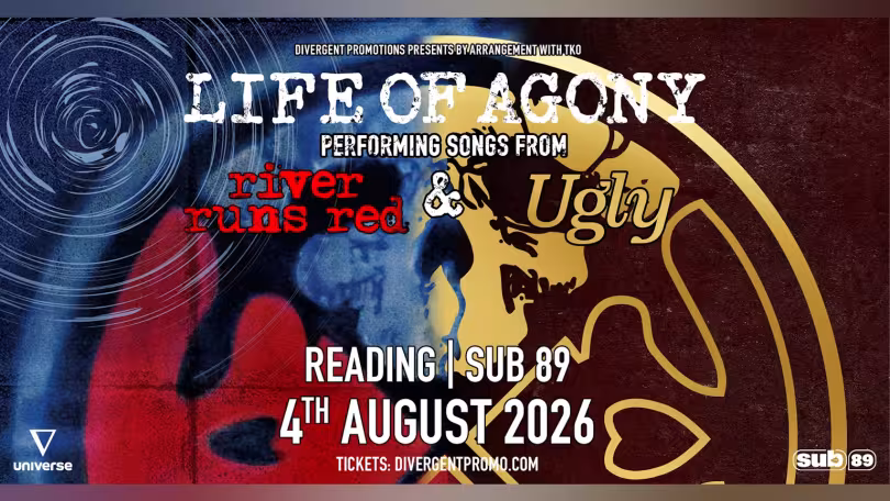 Poster featuring the band logo over an image that is a split of the album covers for River Runs Red and Ugly