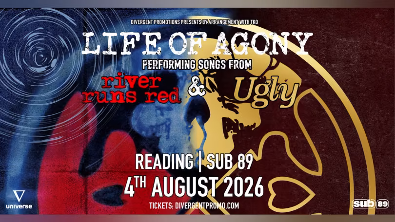 Poster featuring the band logo over an image that is a split of the album covers for River Runs Red and Ugly