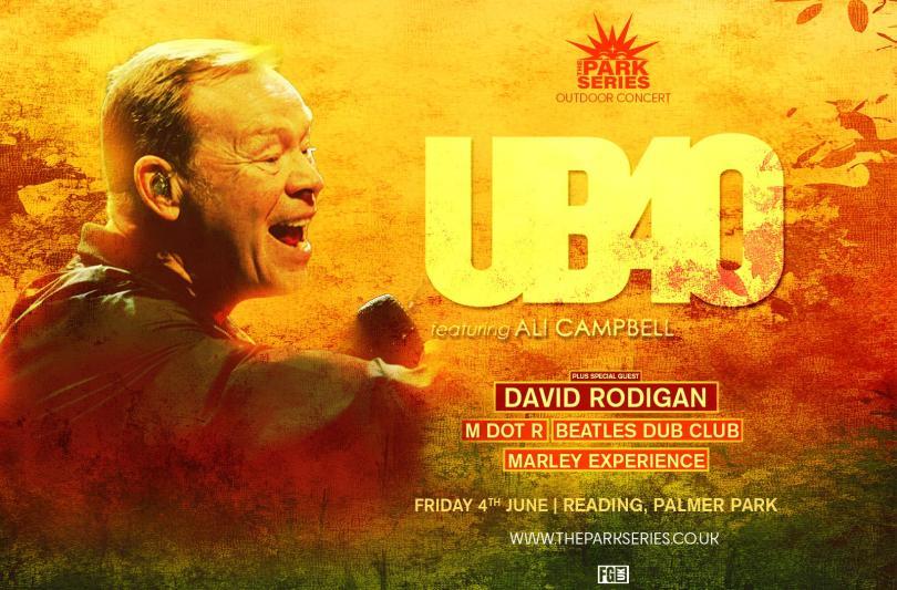 Poster with "UB40" in big letters over an image of singer Ali Campbell
