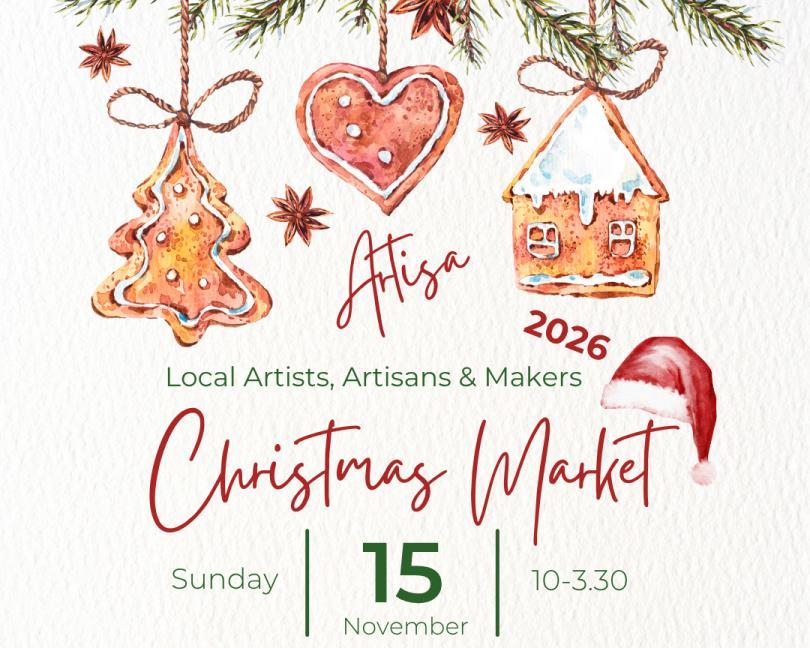 painted image of Christmas tree decorations with Christmas Market logo