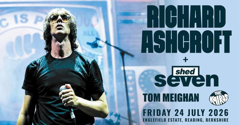 Poster featuring singer Richard Ashcroft wearing sunglasses and a green t-shirt, holding a microphone