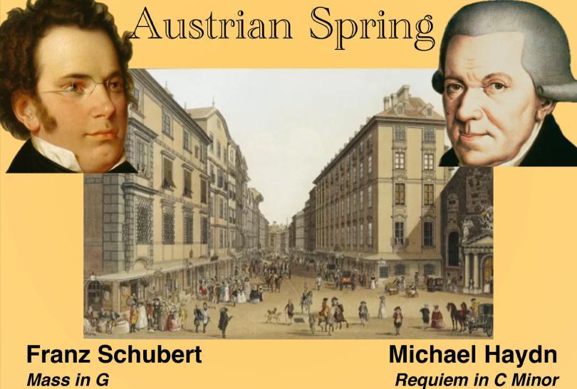 Poster for Parenthesis Spring Concert: An Austrian Spring featuring painted heads of composers Franz Schubert and Michael Haydn
