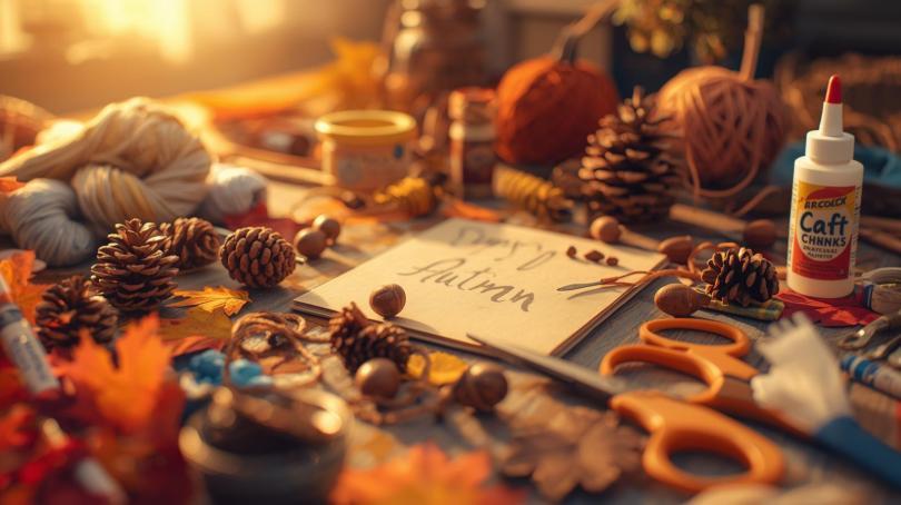 Photograph of a collection of autumn foliage, berries and acorns on a table. 