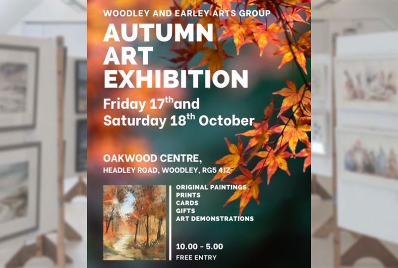 Woodley & Earley Autumn Art Exhibition poster with an image of red leaves on a tree against a green background
