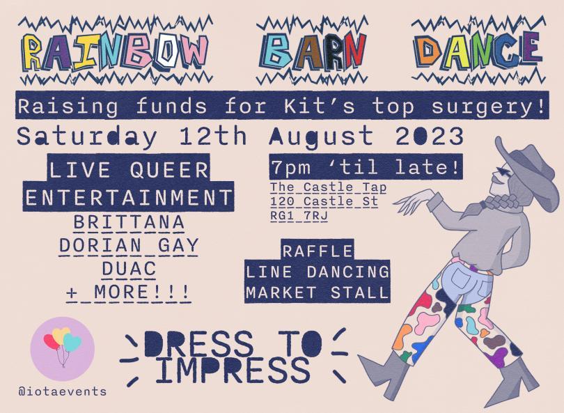 Poster with lots of text giving details of the event with a person bottom right with their hair in a plait wearing a cowboy hat, blue jeans, pointy cowboy boots and full chaps decorated with multi-coloured splodges.