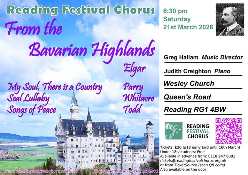 Poster in the style of a post card with an image of a Scottish Castle, and a picture of Elgar in place of a stamp