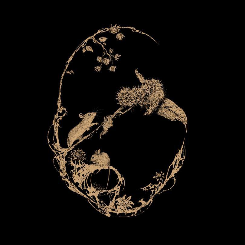 Slightly golden etching style drawing of 2 field mice playing on a burdock plant in an oval cameo shape on a black background