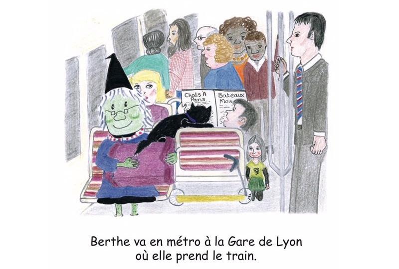 Picture from a Berthe the Witch book which has Berthe sitting on a crowded train and a caption in French