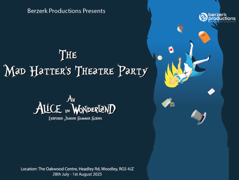 Picture of Alice falling down the rabbit hole with object from the story falling with her.