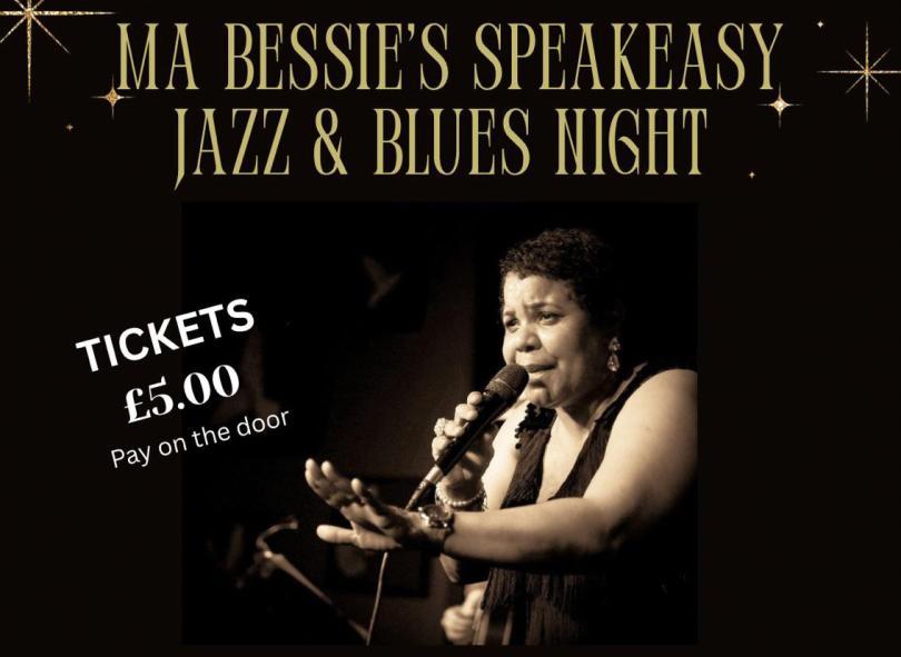 Poster for Ma Bessie's Speakeasy featuring a sepia-tinged photo of singer Ma Bessie