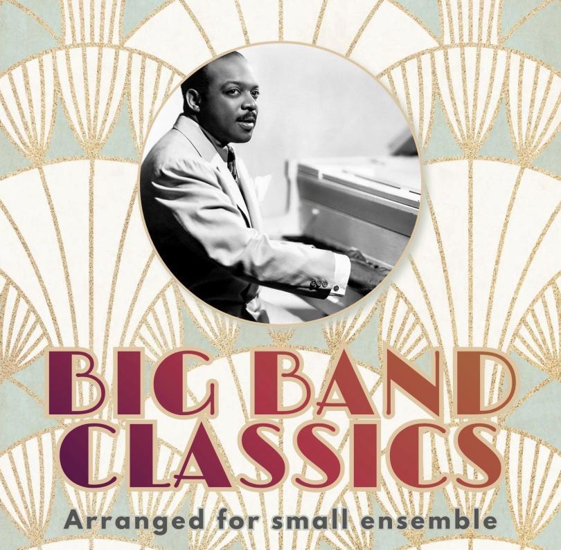 Poster with a photo of Count Basie at the piano, surrounded by an art deco pattern