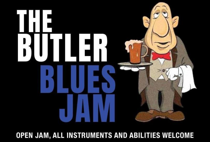 Cartoon image of a Butler next to the title The Butler Blues Jam