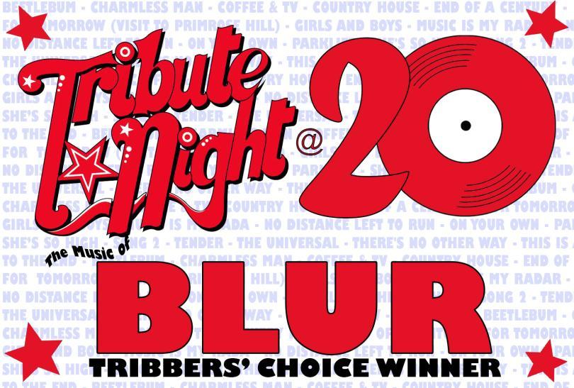 Tribute Night logo with "The music of Blur" underneath, and a long list of their songs in the background