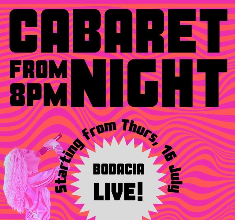 Poster for Cabaret Night with the title and an image of a drag queen against a psychedelic background